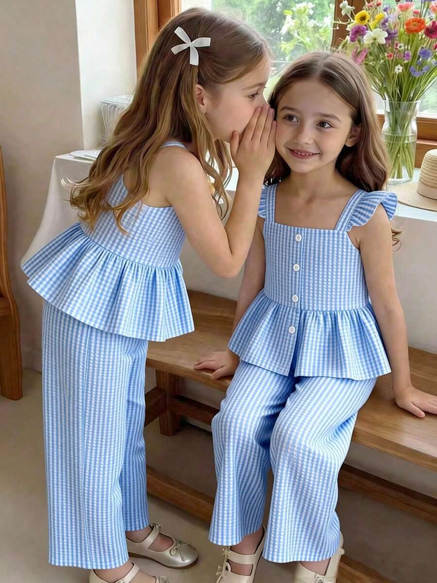 SHEIN Vintaside Kids 女童格子荷叶边方领短袖两件套，夏季 - 藍色 - 查看 1
