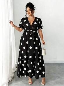 SHEIN PETITE CURVE 女士V领波点花瓣袖系带腰身优雅连衣裙，春夏款 - 黑與白 - 查看 7