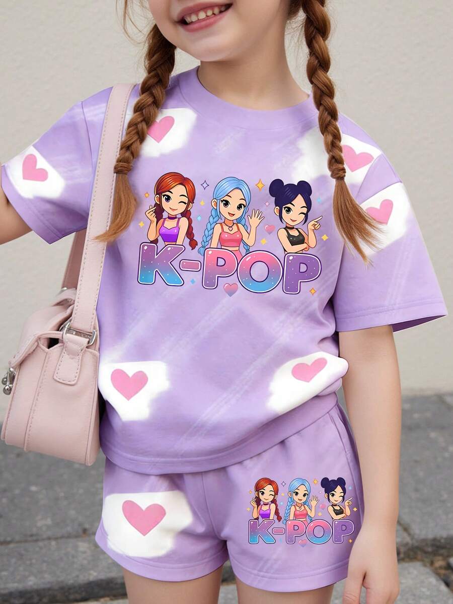 2pcs/Set Young Girl Short Sleeve Shorts Set,3D Print Logo Heart Bubble Decor Soft Sweet Korean Style Summer Matching Family Vacation,Infant Kids Tee - Multicolor - View 1