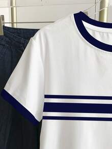 Resyla Damtröja med rund hals och kort ärm, randig kontrastfärg, sommar, avslappnad - Vitt - Visa 4