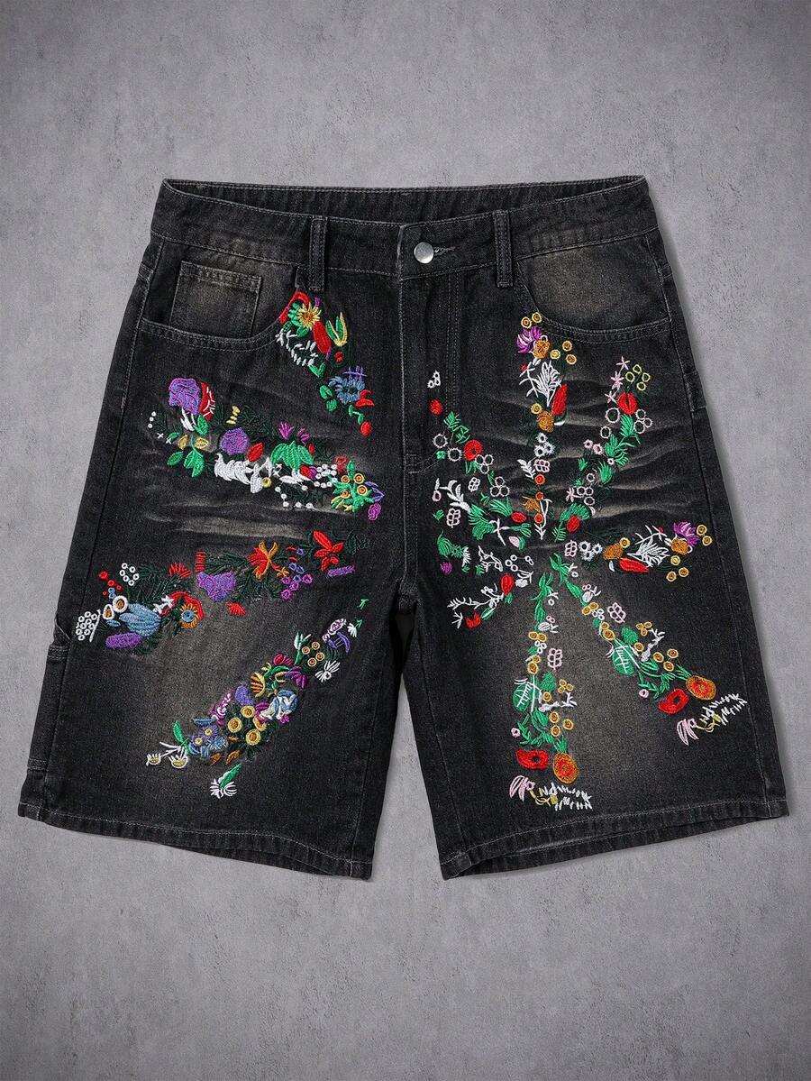 Manfinity Denimwave 复古刺绣牛仔短裤,街头风 - 黑色 - 查看 1