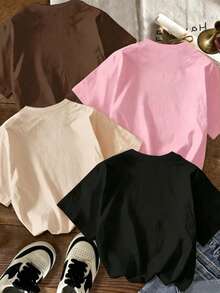 4pcs Girls Casual Short T-Shirts,Black And Pink,Summer,School,Leopard Print,Bowknot,Glitter Stripe,Heart Graphic, Comfortable Daily Wear - Multicolor - View 2