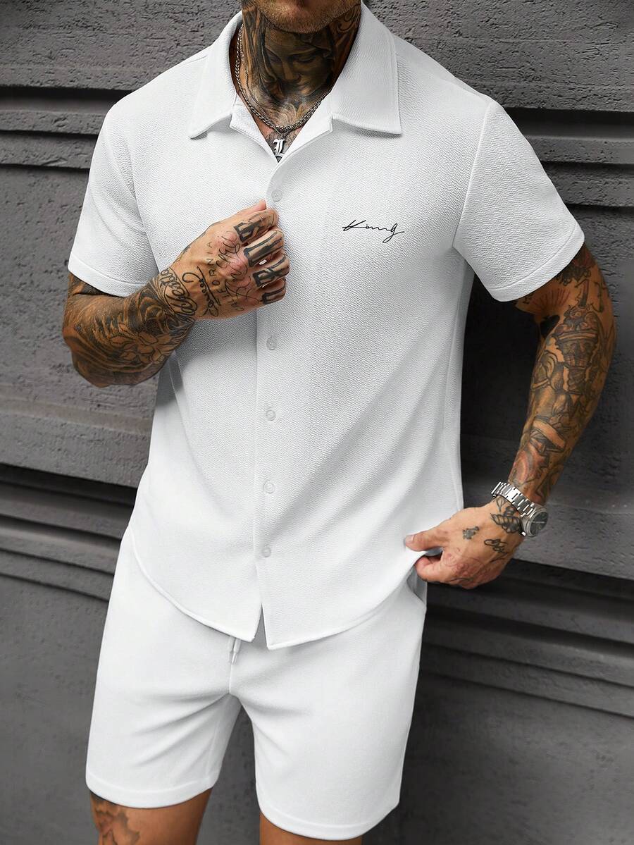 Manfinity Homme Men's White 2 Pieces Set,Summer Casual Vacation Short Sleeve Textured Collared Shirt And Drawstring Shorts Outfit,Old Money Style Breathable Set - White - View 1