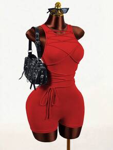 Mistrie Bộ jumpsuit ôm dáng không tay buộc dây kiểu dáng thường ngày mùa hè, thích hợp cho yoga, chạy bộ, jumpsuit bó sát dành cho nữ. - Đỏ - Xem 4