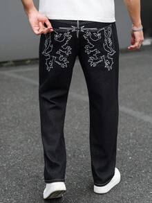 EGENSIO 男士街头时尚印花牛仔裤 - 黑色 - 查看 1