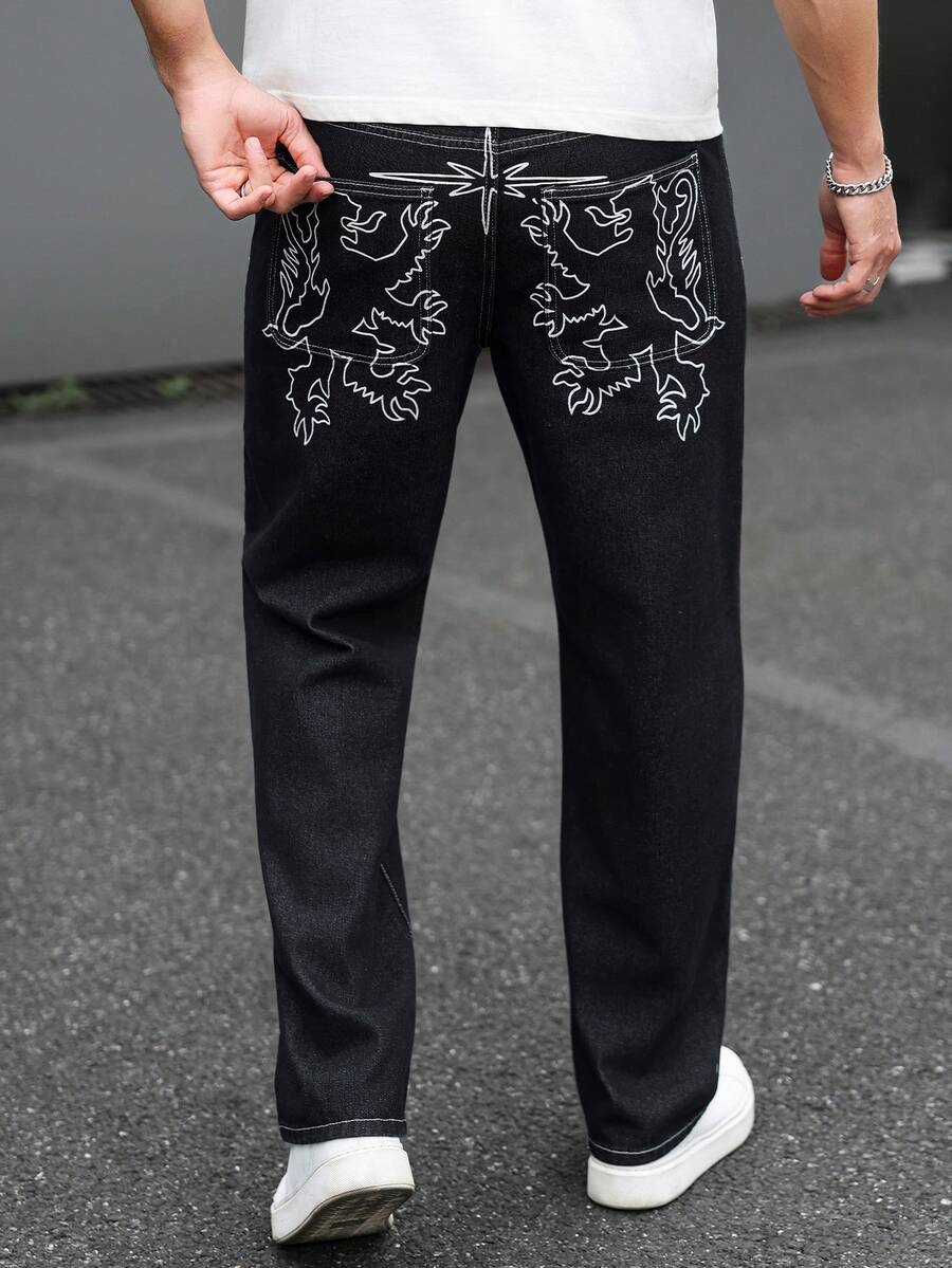 EGENSIO 男士街头时尚印花牛仔裤 - 黑色 - 查看 1