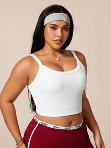 SHEIN Rhythm Era Plus Size White Curved Hem Sports T-Shirt Fitness Ribbed Shoulder Strap Top U-Neck Racerback Sports Tank Top - White - View 4