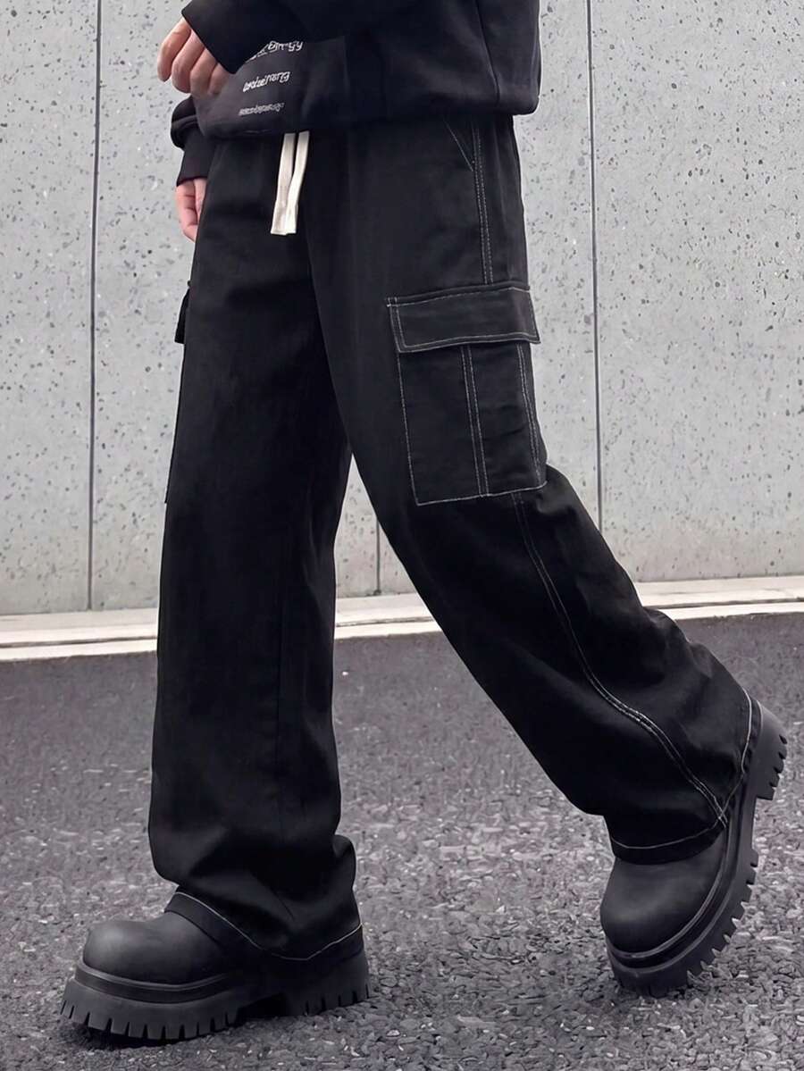 Manfinity Hypemode 男士轻便商务裤,黑色,白色撞色缝线,时尚舒适,通勤百搭,送给男友/老公/周年纪念礼物 - 黑色 - 查看 1