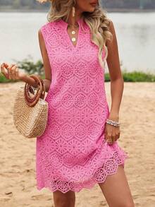 Breezaya Robe d'été à col en V en dentelle sans manches avec ourlet fendu pour vêtements de fête de vacances, tenues de plage pour femmes - Rose bonbon - Voir 3