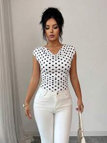 Selianne 女士优雅休闲度假波点印花垂褶领荷叶袖T恤，白色，春夏款 - 白色 - 查看 4