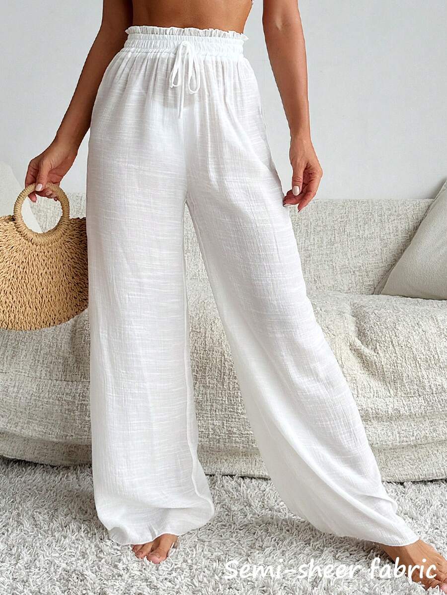 Swim Vcay Women White High Waist Ruffle Tied Wide Leg Beach Swimsuit For Summer Beach Vacation - White - View 1