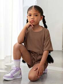 SHEIN 2pcs Young Girl Knitted Solid Color Round Neck Loose Casual T-Shirt And Shorts Set - Mocha Brown - View 3
