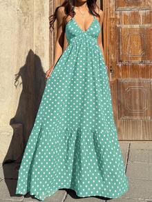 Vestido largo con escote en V profundo, cuello halter y espalda descubierta con lazo en la cintura, estilo vintage romántico de playa y vacaciones, primavera/verano, con lunares negros - Verde - Ver 10
