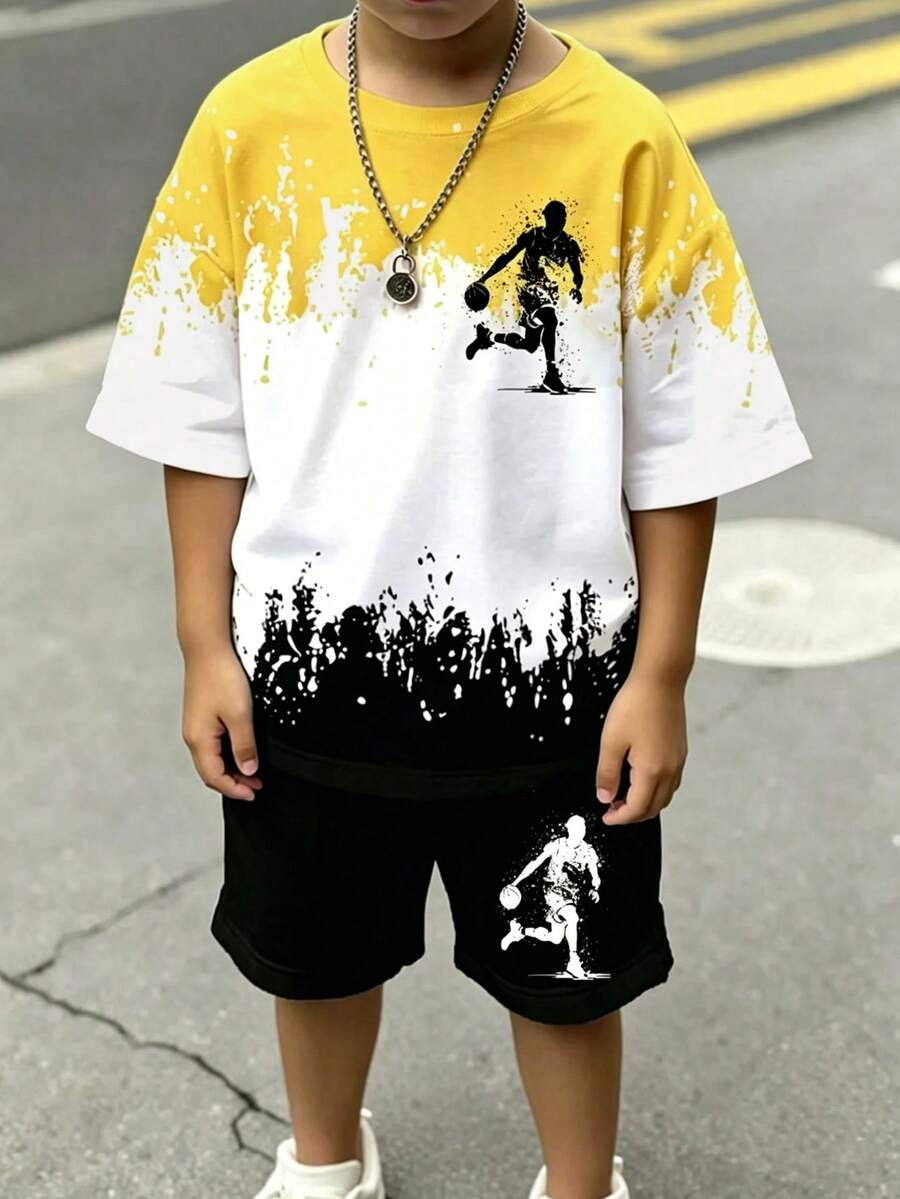 2件組青少年男孩漸層黃黑白跑步運動員圖案印花T恤與短褲套裝,夏季街頭風城市度假運動穿搭 - 彩色 - 查看 1