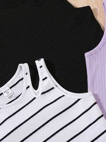 SHEIN 3pcs Tween Girls Knit Fitted Casual Hollow Out Round Neck Camisole Set School Black N White Summer - Multicolor - View 3