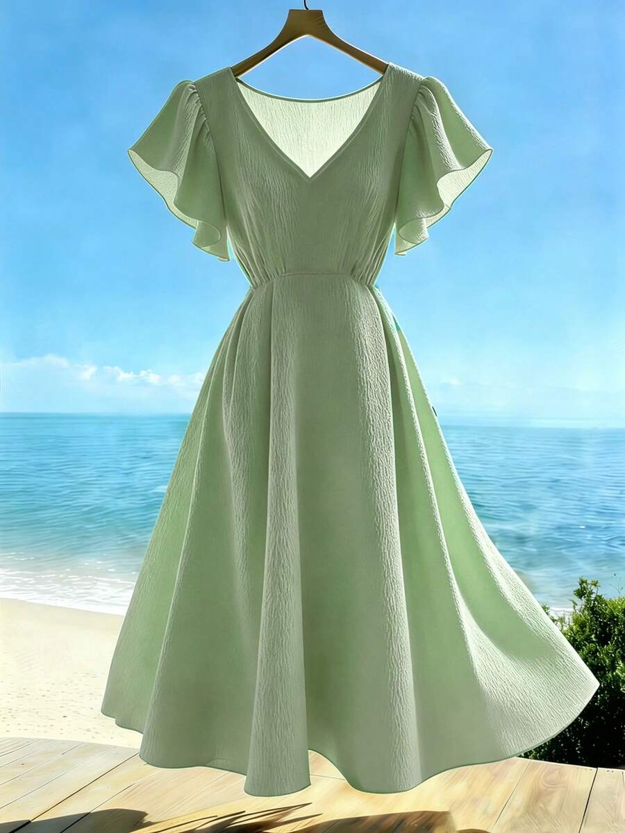 Franclia Women's V-Neck Ruffle Sleeve Cinched Waist Flowy Dress, Casual Vacation Style, Light Yellow, Spring/Summer - Aqua Green - View 1