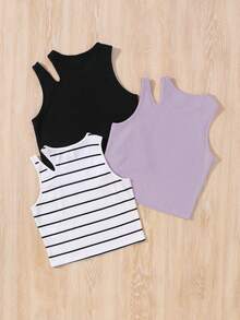 SHEIN 3pcs Tween Girls Knit Fitted Casual Hollow Out Round Neck Camisole Set School Black N White Summer - Multicolor - View 2