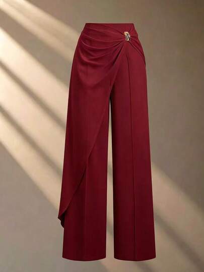 Franclia Women's White Straight Leg Pants, Casual Trousers, Office Wear Pants, Chiffon Pants, Draping Pants, Soft Pants, Metal Button Pants, Versatile Pants, Flowing Pants, Asymmetric Pants, Spring/Summer