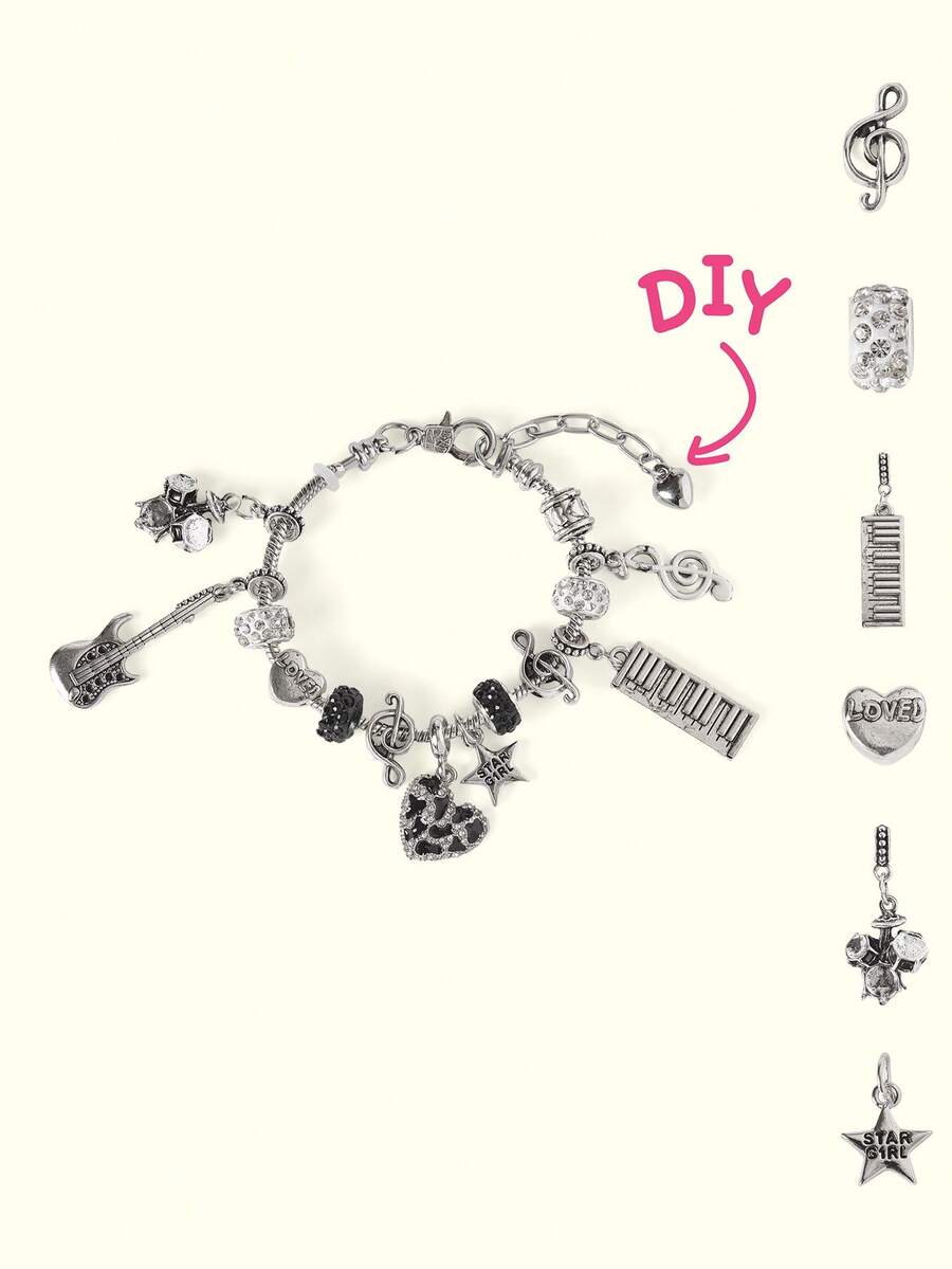 Popjeli 音乐节纪念手链 1，音符吉他鼓组，Y2K/可爱/多彩/时尚，送给妈妈/女士/女孩/母亲，夏季/海滩/舞会/派对/度假/旅行，粉色，心形 - 彩色 - 查看 1