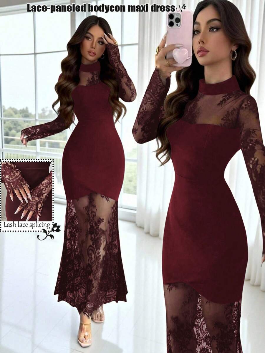 Elenzga New Elegant Sexy Lace Hollow Out Long Sleeve Dress, Waist Cinched Bodycon High-End Stretchy Mermaid Formal Gown Lace Paneled Dress Zanea Dress For Woman Bodycon Maxi Dress Elegant Dress Ladies Dresses - Burgundy - View 1