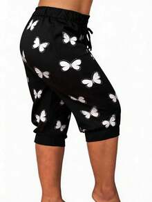EMERY ROSE Plus Size Women Butterfly Print Casual Versatile 3/4 Pants - Black - View 3