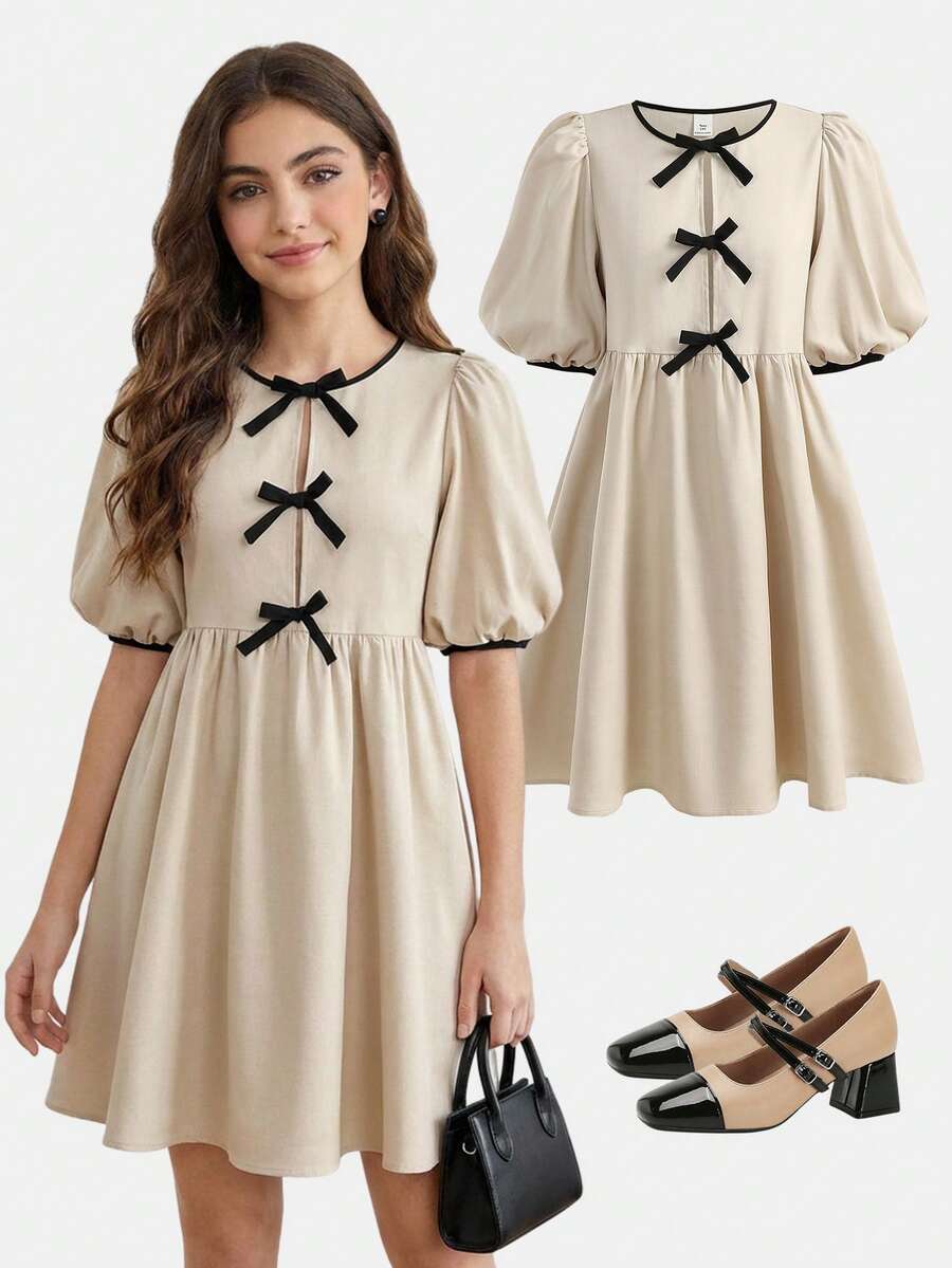 SHEIN Girlism 少女杏色撞色蝴蝶装饰圆领休闲连衣裙,优雅大方,适合日常穿着 - 杏色 - 查看 1