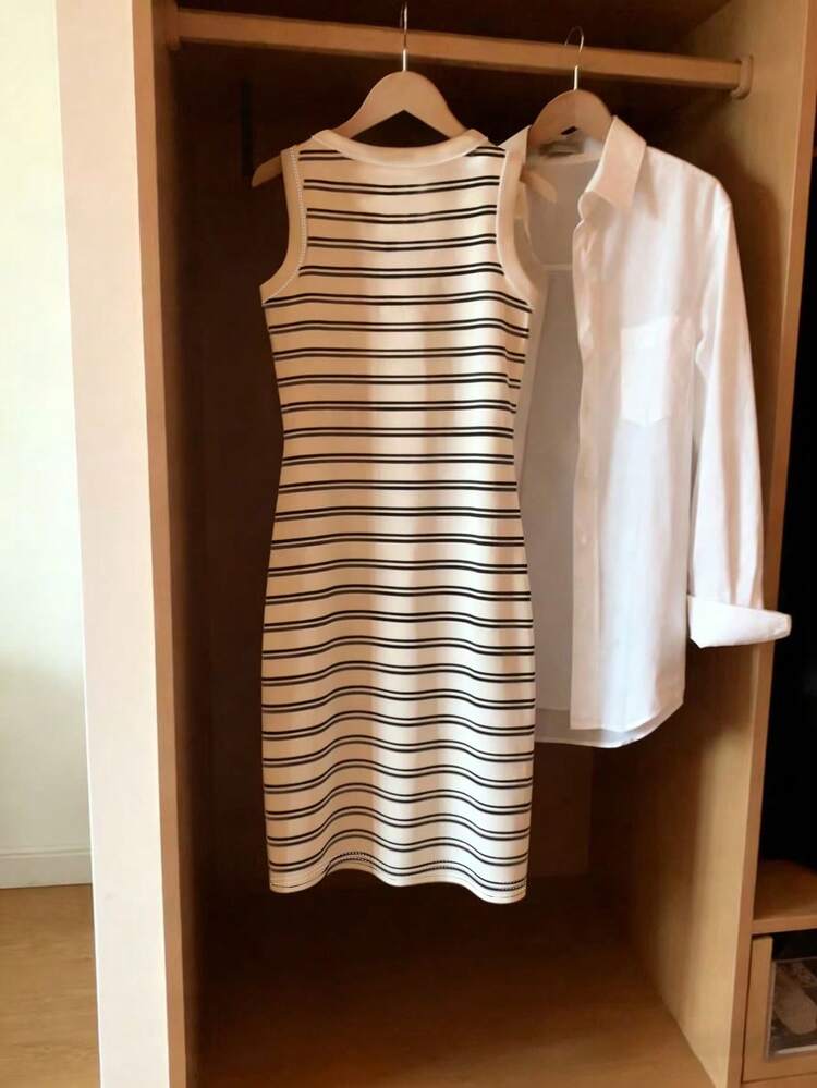 SHEIN LUNE Summer Elegant Black And White Striped Sleeveless Fitted Dress,Women Casual Body Fitting Line Dress For Brunch Everyday New Arrival - Multicolor - View 2