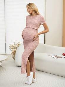 SHEIN 舒适哺乳紧身华夫格面料侧开衩彩色孕妇连衣裙，哺乳连衣裙 - 粉色 - 查看 3