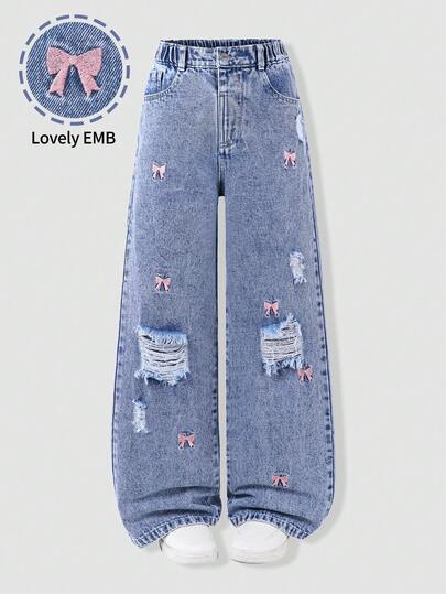 SHEIN Tween Girls Ripped Jeans All-Season Sweet Y2K Cute Style Vintage Washed Light Blue Denim Elastic Waist Pink Bow Embroidery Loose Wide Leg Straight Fit Distressed Fringe Detail Versatile For Back-To-School & Daily Outings