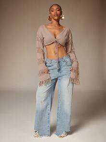 Denimoi Áo croptop tay chuông tua rua, trang phục dự lễ hội, trang phục đi xem hòa nhạc, trang phục đi nghỉ mát, áo gợi cảm. - Lạc đà - Xem 3