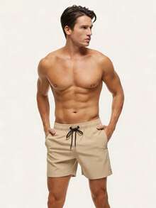 Manfinity KASUA Pantalones cortos casuales de playa para hombre de talla grande, unicolor, con bolsillos inclinados y cintura con cordón, para vacaciones - Caqui - Ver 6