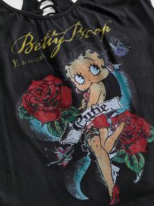 Betty Boop | ROMWE 大码女式印花休闲圆领背心 - 黑色 - 查看 4