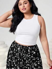 SHEIN EZwear 大码女式休闲纯色连体衣和碎花迷你裙两件套，春夏款 - 黑與白 - 查看 6