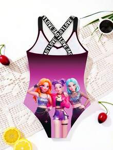 新款时尚女童连体泳衣，比基尼吊带连体裤，数码印花可爱交叉绑带，女童沙滩泳装 - 彩色 - 查看 2