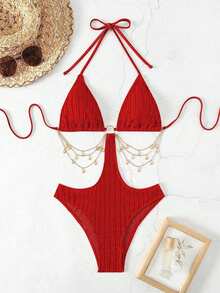 SHEIN Swim 1 件女士纯色性感连体泳衣，特殊面料夏季 - 紅色 - 查看 3
