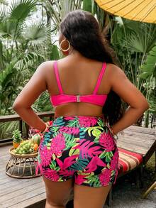 Slaydiva 2026 New Plus Size Summer Hot Pink Tie-Front Bikini Top Tropical Ruched Shorts Set, Beach Holiday Pool Party Vacation Holiday Swimwear Black Floral Tropical - Hot Pink - View 2