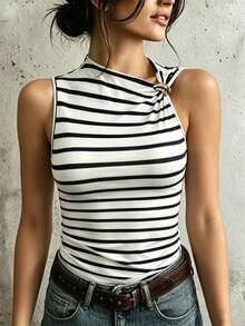 Women's Slim Fit Fashionable Striped Tank Top With Metal Decor, Summer - Black and White - View 4