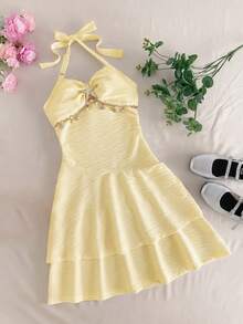 SHEIN Vestido de cuello halter con decoración de estrella de mar para niñas preadolescentes - Amarillo - Ver 3