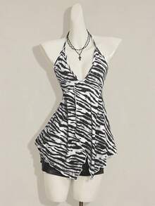 SHEIN ICON Women's Summer Zebra Print Ruffled Hem Sexy Halter Neck Tank Top - Black and White - View 3