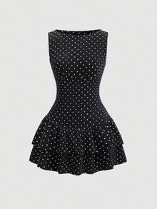 Sweetra 春夏法式复古波点浪漫无袖收腰双层荷叶边下摆优雅通勤连衣裙 - 黑色 - 查看 1