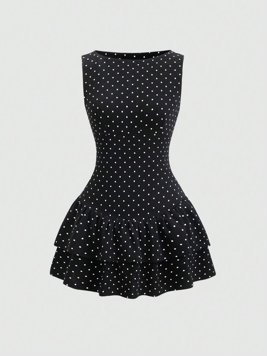 Sweetra 春夏法式复古波点浪漫无袖收腰双层荷叶边下摆优雅通勤连衣裙 - 黑色 - 查看 1