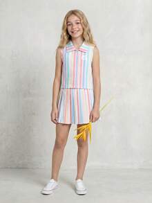 SHEIN 少女Polo领纽扣无袖开衫，彩色条纹印花，可爱甜美清新休闲套装，波浪纹面料，美式学院风图案，适合居家、通勤、户外、旅行、日常穿着，夏季新品套装 - 彩色 - 查看 8