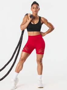 Dewbera 1pc Moisture-Wicking Mesh Design Basic Black Workout Shorts, Seamless For Fitness/Yoga - Red - View 5