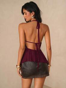 Glamine Decor cu nituri cu mărgele, casual pentru vacanță la plajă, ținută stradală, camisol sexy cu decolteu în V pentru femei, maiou negru solid, fermecător, elegant, la modă, pentru petrecere, strălucitor, de vară - Burgundia - Vizualizare 3