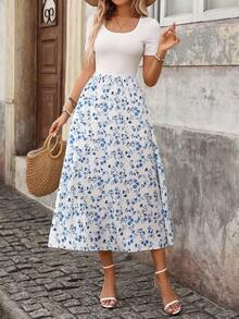 SHEIN Holidaya Đầm maxi đơn giản phối màu, in họa tiết, thích hợp mặc hàng ngày cho nữ. - Màu xanh lam - Xem 4
