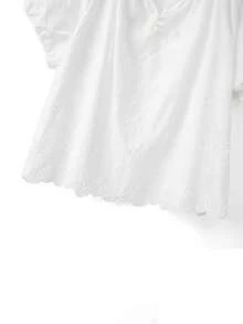 Plus Size Casual Solid Color Hollow Embroidery Short Sleeve Shirt - White - View 3