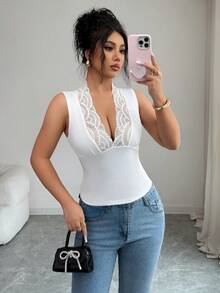 Allurite Minimalist Lace Trim Deep V-Neck Camisole,Black & White Combo,Elegant Summer Vacation Holiday Tank Tops For Women,Flattering Body Tops,2pcs Set - Black and White - View 7