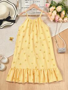 SHEIN Sparklyn Đầm dây buộc nơ thời trang mùa hè cho bé gái tuổi teen - Màu vàng - Xem 2