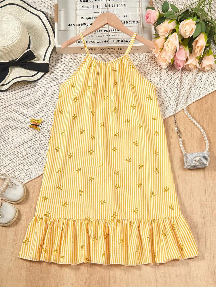 SHEIN Sparklyn 少女夏季时尚条纹蝴蝶结吊带连衣裙 - 黃色 - 查看 2