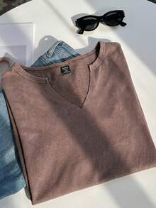 SHEIN EZwear 大码复古巧克力棕色宽松短袖V领T恤，纯棉面料，春夏款 - 巧克力棕 - 查看 3